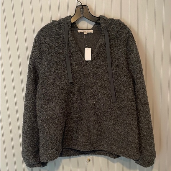 LOFT Dark Gray Pull Over V-Neck Sherpa Hoodie | NWT Large - Picture 1 of 11